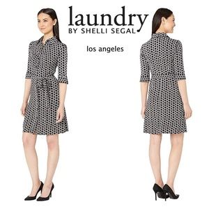 Laundry by Shelli Segal 3/4 Sleeve Navy Blue & White Geo Print Shirt Dress
